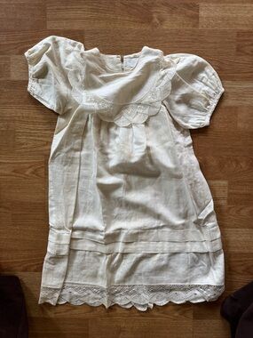 Vintage Linen Girls Dress with Lace Trim
